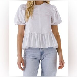 English Factory Women's Mix Media Puff Sleeve Top White- S
